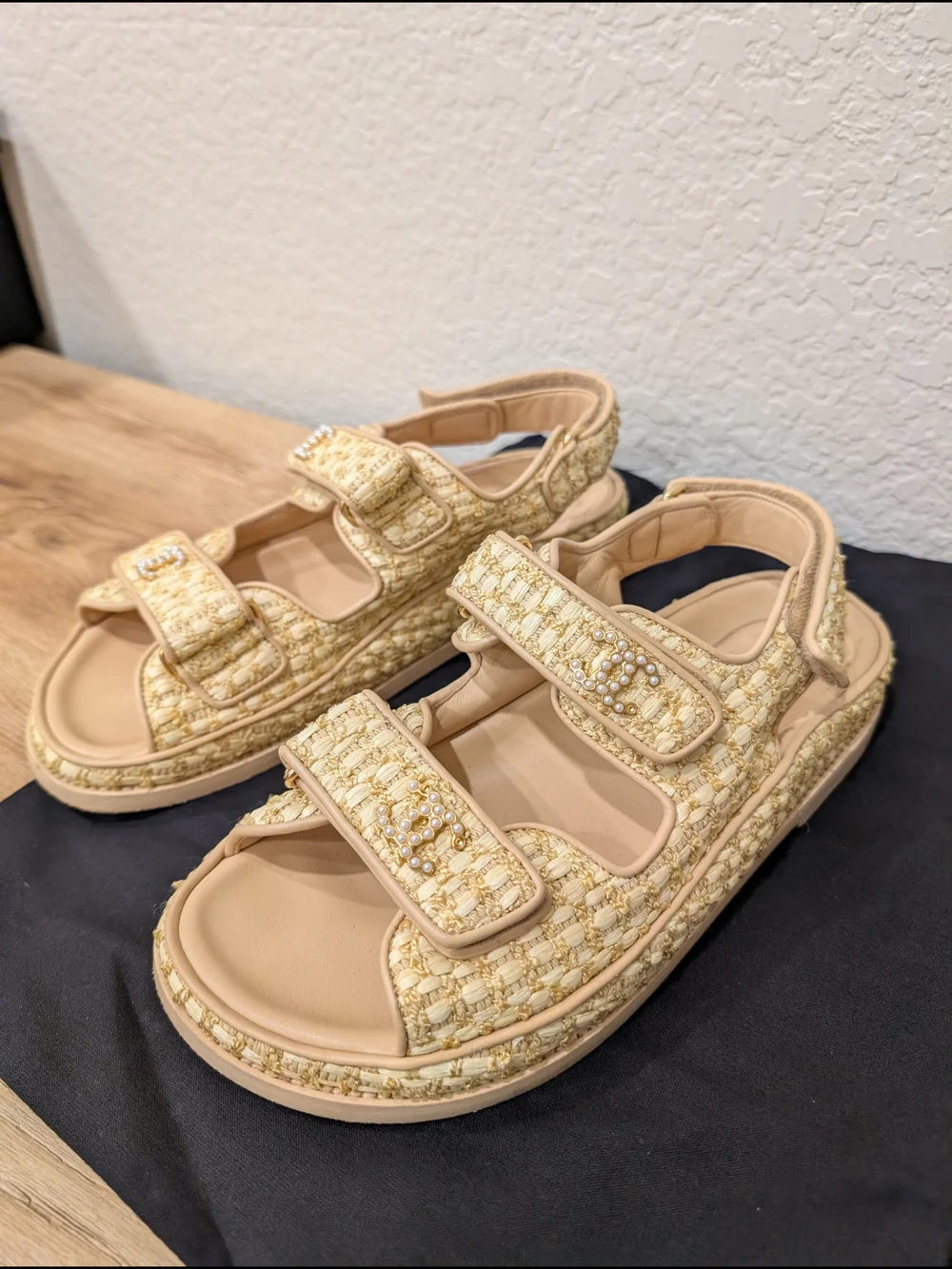 CHANEL Cream Tweed Pearl-Embellished Espadrille Sandals